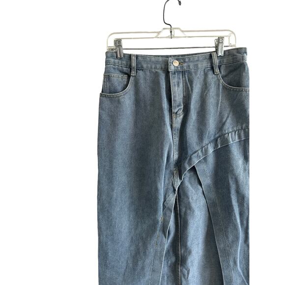 Micas Women's Large Light Blue Wash Slit Denim Pocket Cotton Blend Midi Skirt - Picture 4 of 12